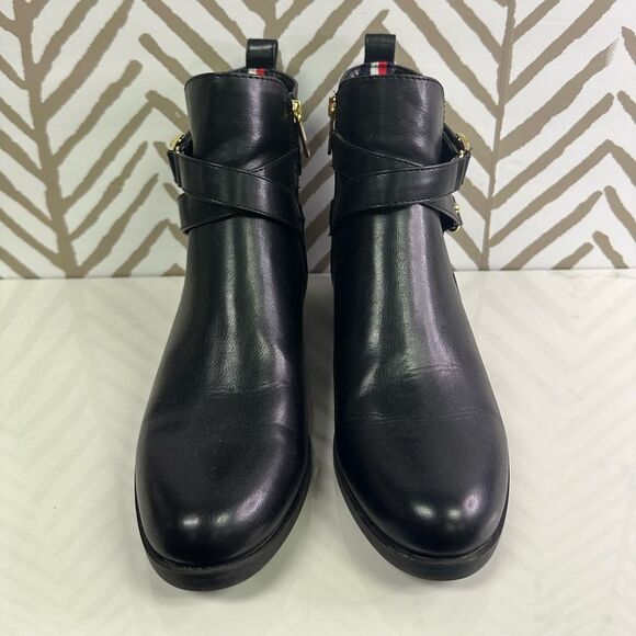 Tommy Hilfiger Black Faux Leather Gold Logo Boots Size 9 - Picture 2 of 9